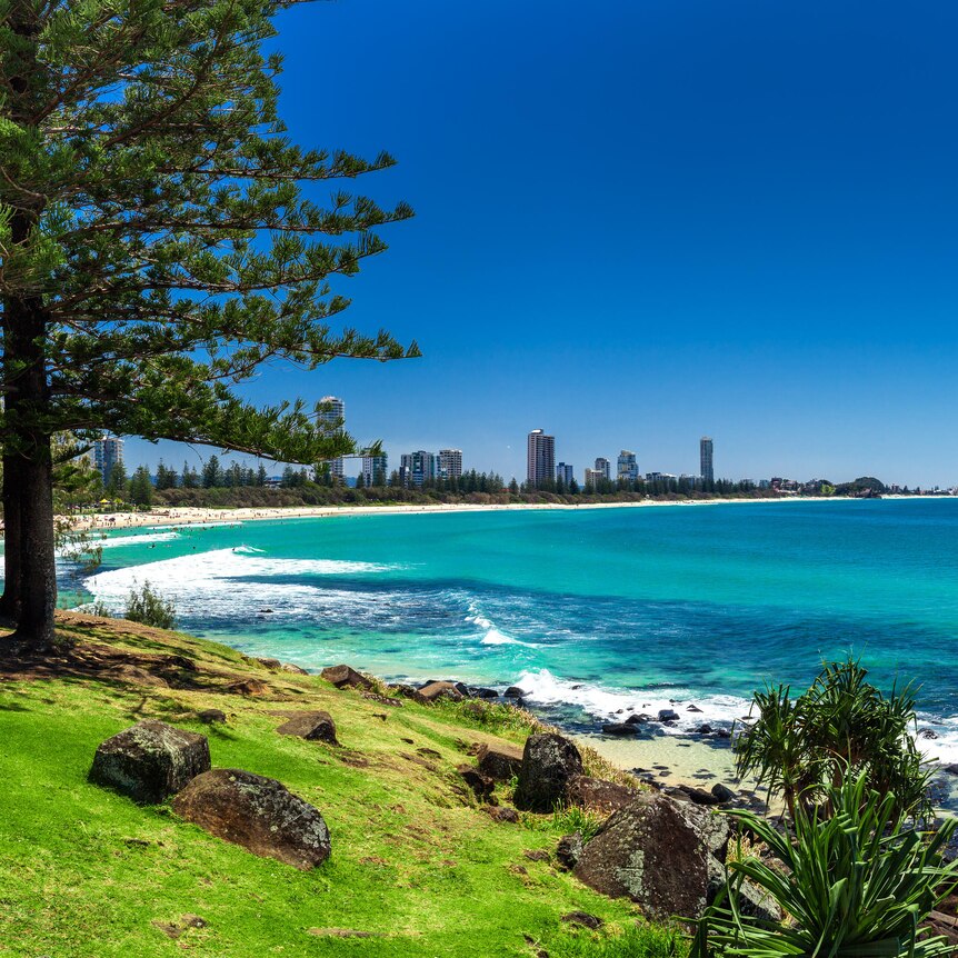Gold Coast beach with the high rise skyline in the background.