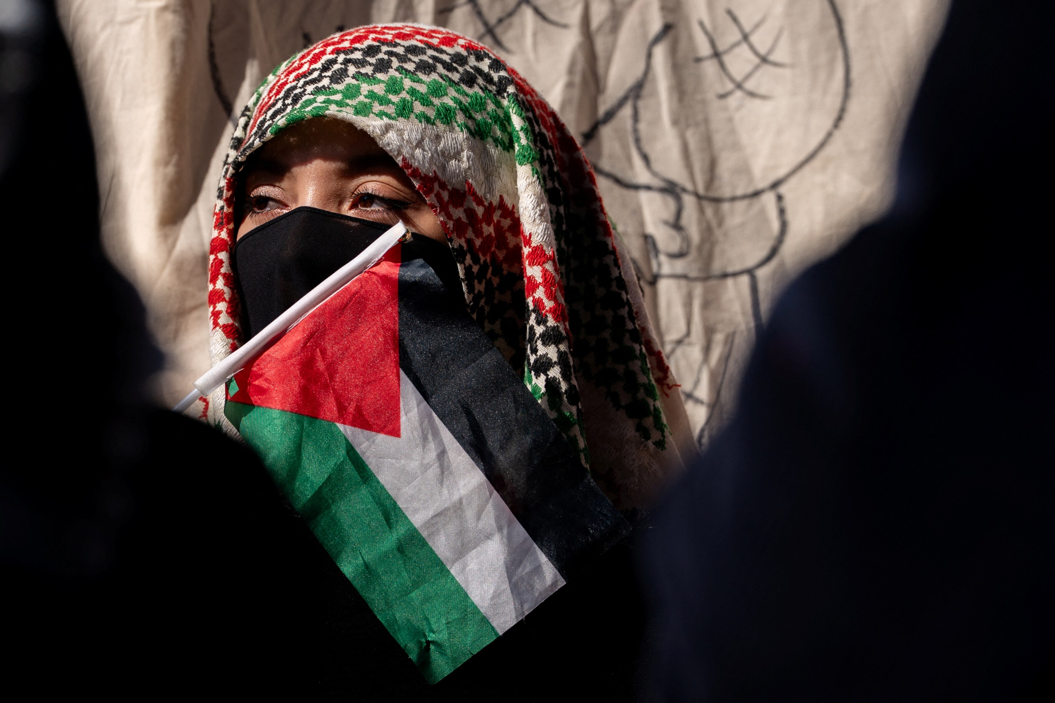 A person wearing a niqab with a palestinian flag in front of their face