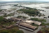An aerial view of a flooded area on Aug, 19. 2013 in the Russia's Far Eastern Amur region. Floods in the Russian Far East broke today historic records as authorities evacuated over 19,000 people from affected areas and warned of a further rise in water levels.