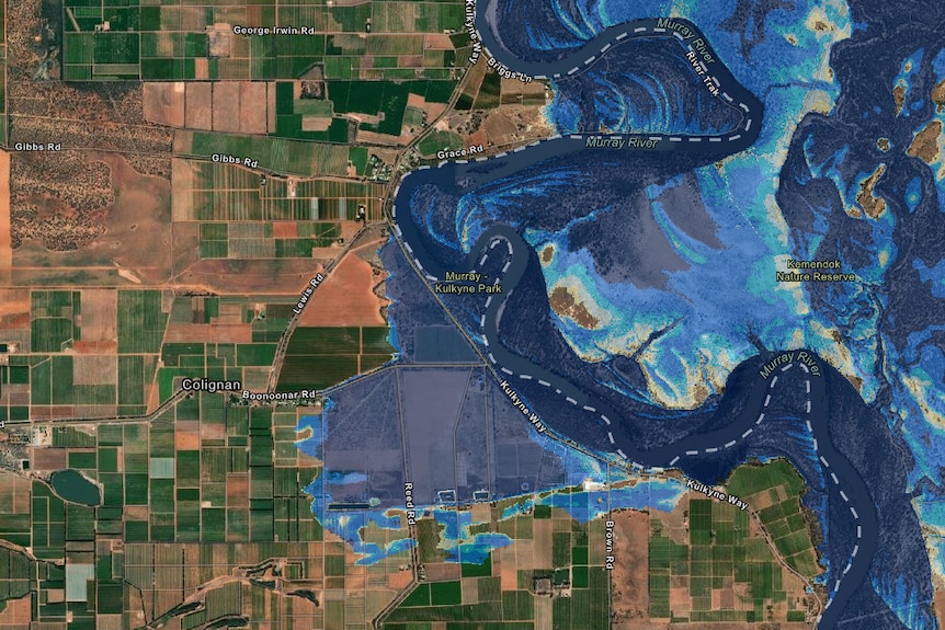 A flood map that indicates where water may reach under current forecasts