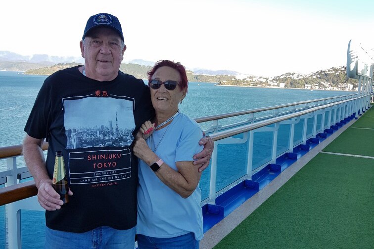 Leon Sharp and Ursula Steinberner stand on the deck of the Ruby Princess.