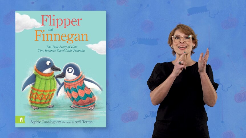 Auslan presenter Melissa Bryson stands beside image of book, Flipper and Finnegan