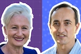 Kerryn Phelps against a purple background, Dave Shrama against a blue backdrop