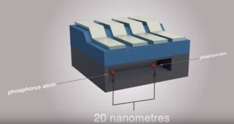 A diagram showing two phosphorus atoms 20 nanometres apart in a compartment of a quantum computer.