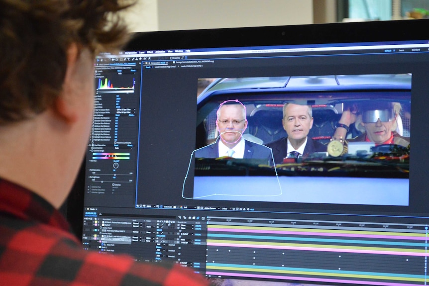 Close up of computer screen with image of Scott Morrison head and body outline being traced and placed in scene from a movie.