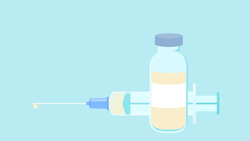 illustration of syringe behind a medical vial of light yellow liquid on light blue background