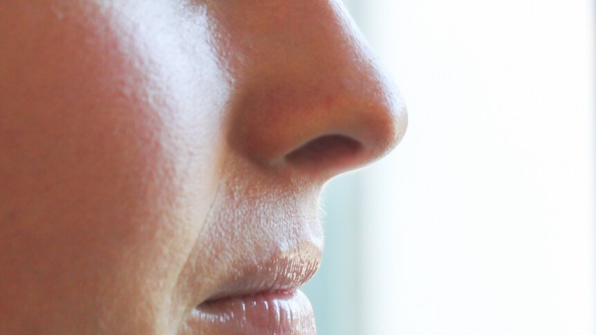 A close up of a lady's nose.