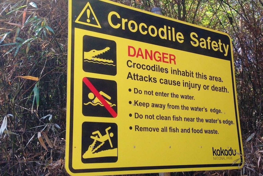 A crocodile safety warning at a Kakadu National Park billabong, where 62-year-old Bill Scott was taken in 2014.