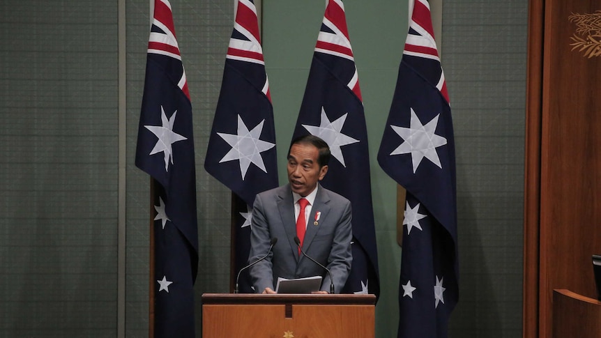 Joko Widodo speaks from a podium in front of Australian flags in a green-walled room