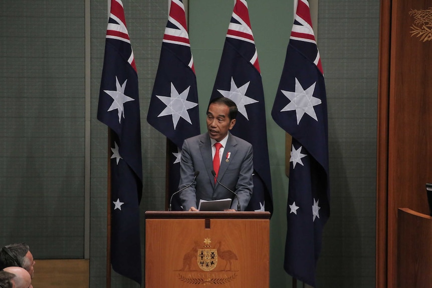 Joko Widodo speaks from a podium in front of Australian flags in a green-walled room