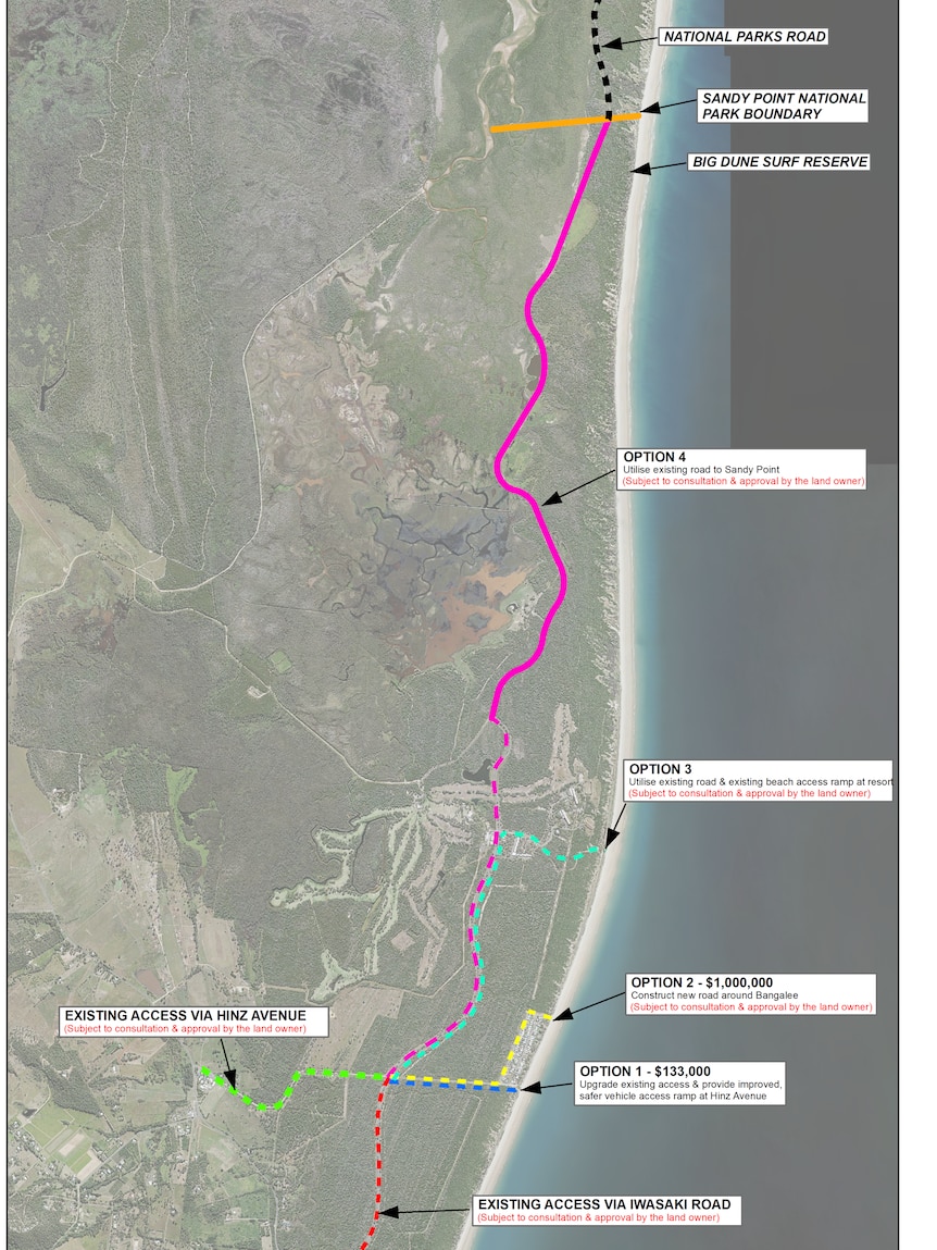 A map of the coastline with different options for beach access points drawn on it.