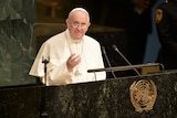 Pope Francis speaks during the 70th session of the United Nations General Assembly on September 25, 2015.