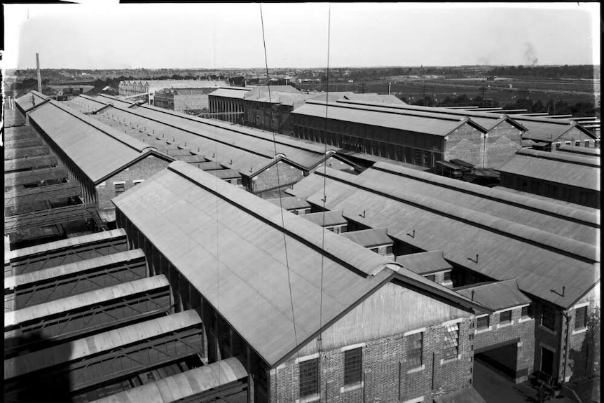 A black and white photo of Homebush Abattoir in Sydney from above, circa 1920