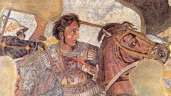 A mosaic showing Alexander the Great on his horse Bucephalus. It is a detail from the Alexander Mosaic from Pompeii, Naples. Wikipedia says its copyright has expired.