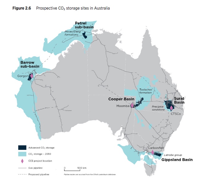 A map of Australia showing where carbon could be stored