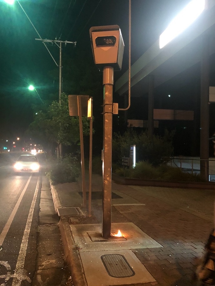 A speed camera at Wayville with a small fire at the base.