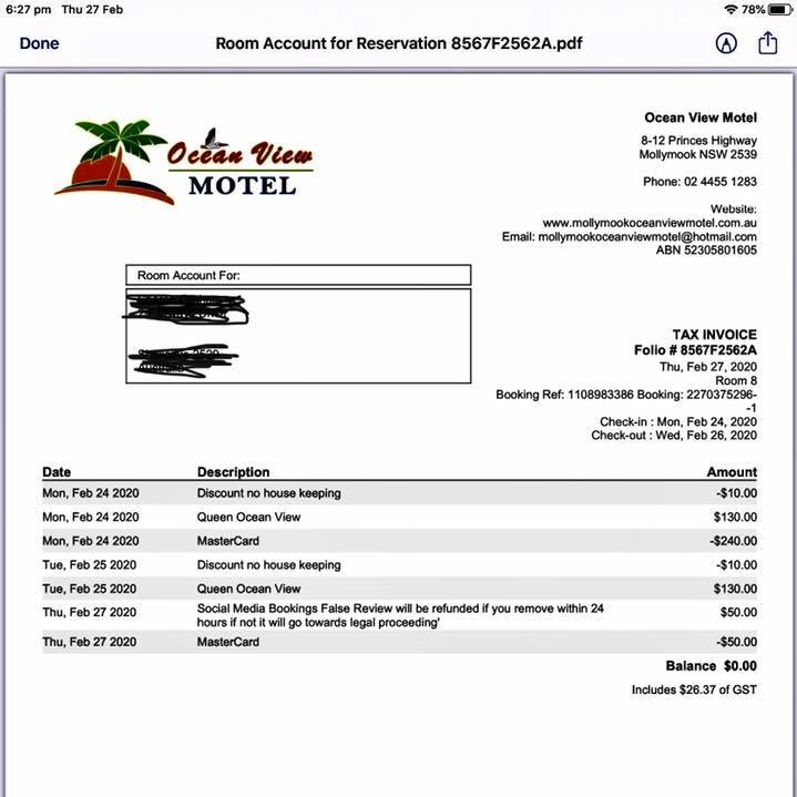 A motel invoice itemising a $50 charge for what it claims is a "false review" from a customer.