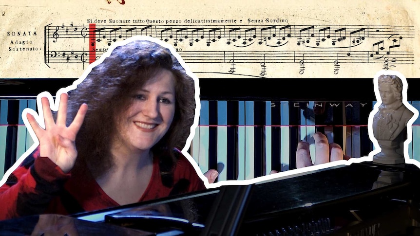 A woman at a piano superimposed over hands on a keyboard with the score of Beethoven's "Moonlight" Sonata