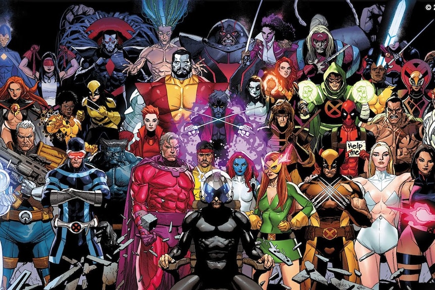 A drawing of dozens of superheroes posting together.
