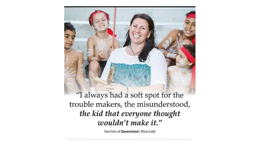 A woman laughs, surrounded by Aboriginal children, with a caption that says she has a soft spot for the "troublemakers".