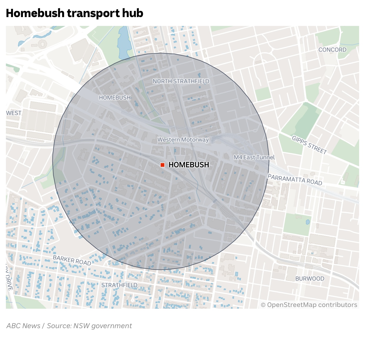 Map of 1200m zone around Hornsby station.