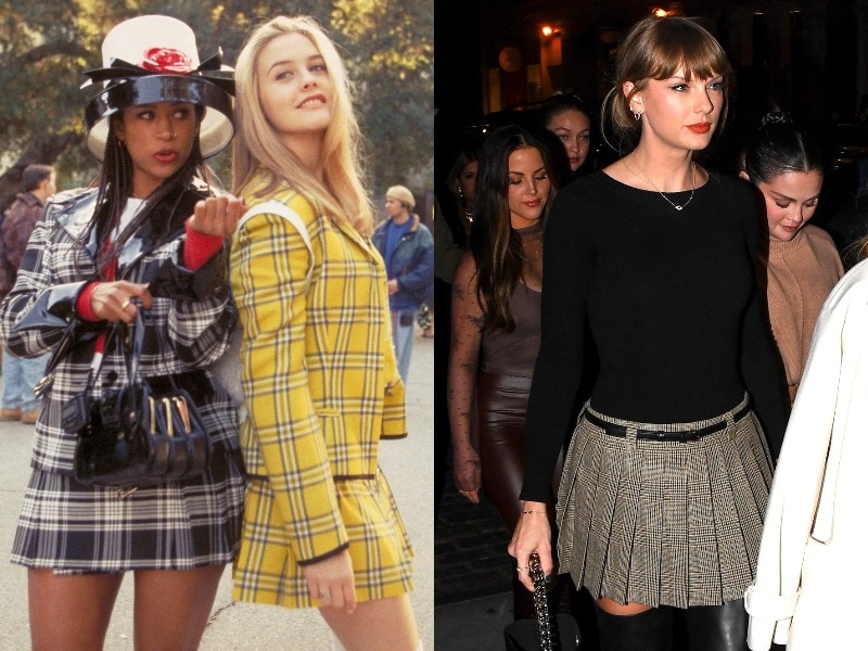 A composite of three images showing people wearing pleated skirts, the top left is from the movie Clueless in 1995