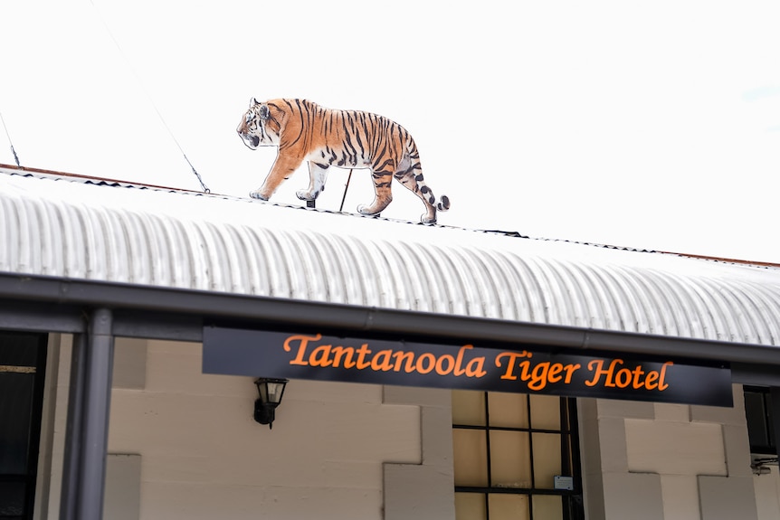 A pub with a cut-out tiger on the roof