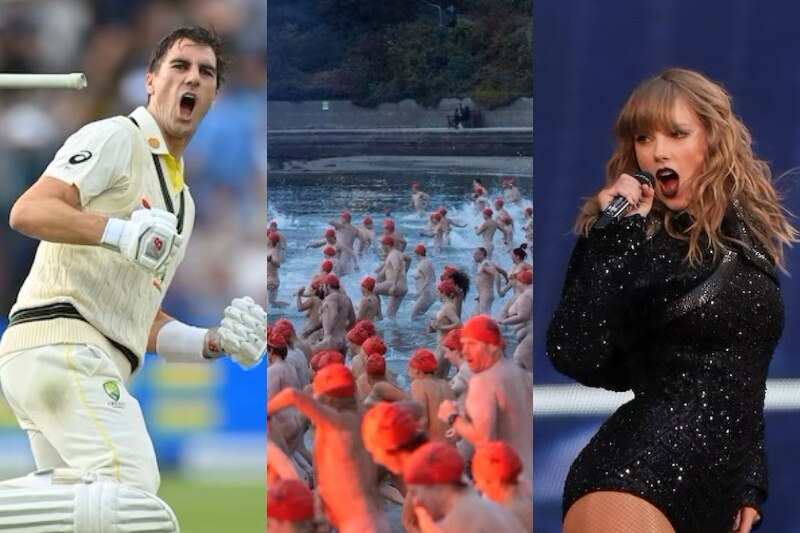 An image composite with a cricket player, a group of nude people swimming in an ocean and Taylor Swift holding a microphone. 