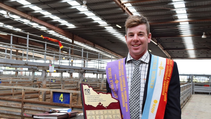 Young auctioneer competition winner Zeb Broadent at the Pakenham saleyards.