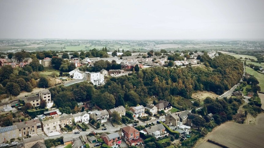 A birds eye view of the town Overton, Wakefield in West Yorkshire.