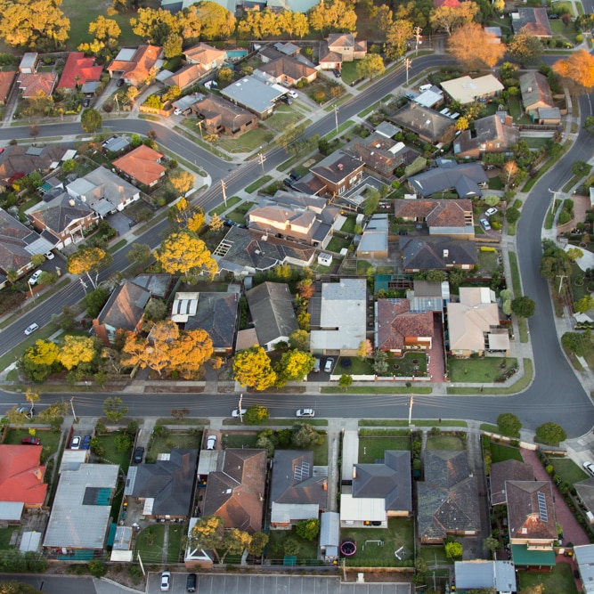 An aerial view of houses in Melbourne.
