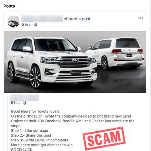 Fake Toyota Facebook page offering free cars
