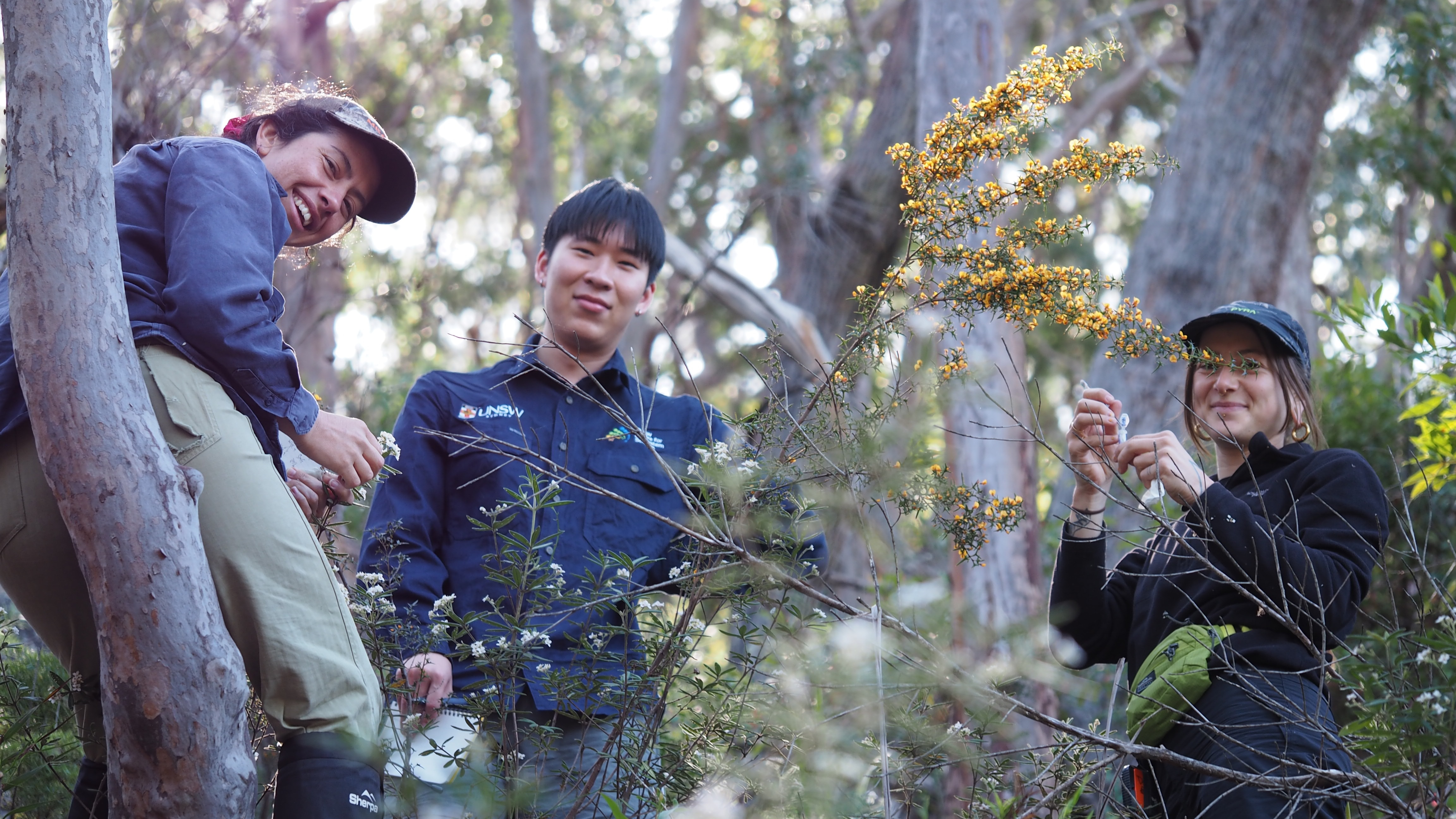 Three people smiling at the camera in the bush. A woman on the left leans on a tree, man and then woman beside her.