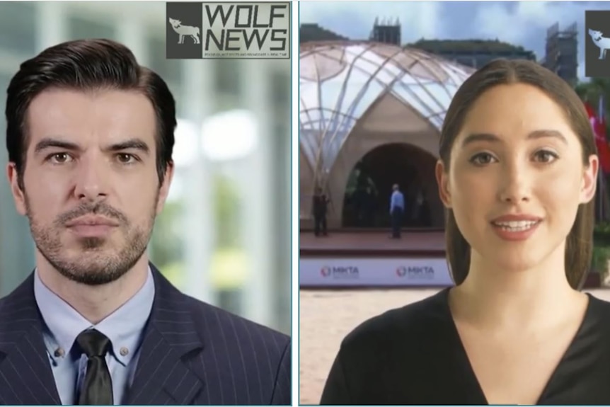 Two deepfake news presenters - one male and one female.