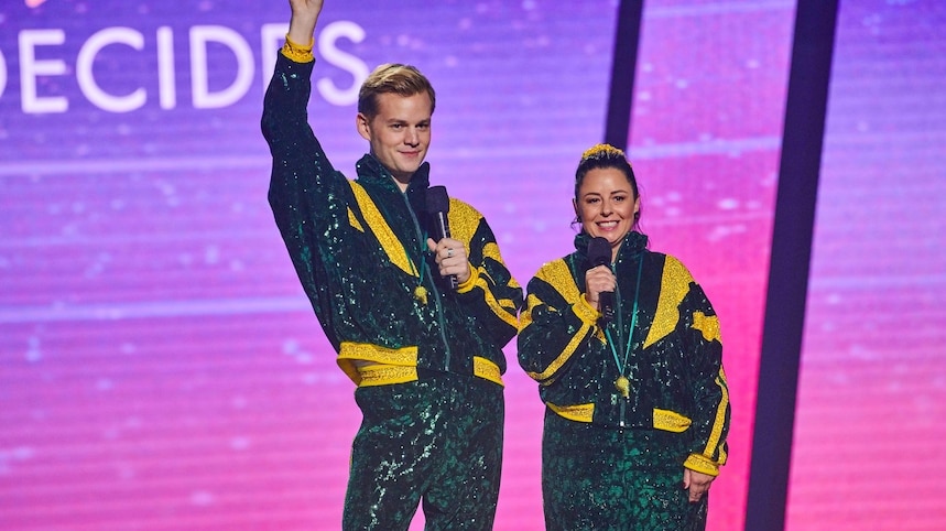 Hosts Joel Creasey and Myf Warhurst on the set of Eurovision, Australia Decides