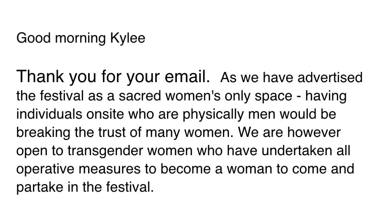 An email response Kylee said she received from the organisers of the Seven Sisters festival.