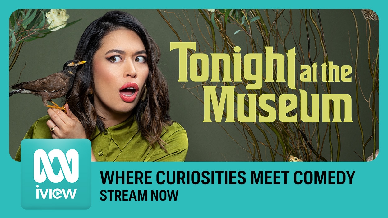 Tonight at the Museum promo with surprised woman holding bird, museum objects and ABC iview Stream Now messaging