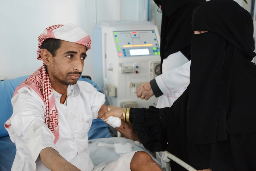 Patient being treated at dialysis center in Al-Jumhori hospital in Sana’a, Yemen