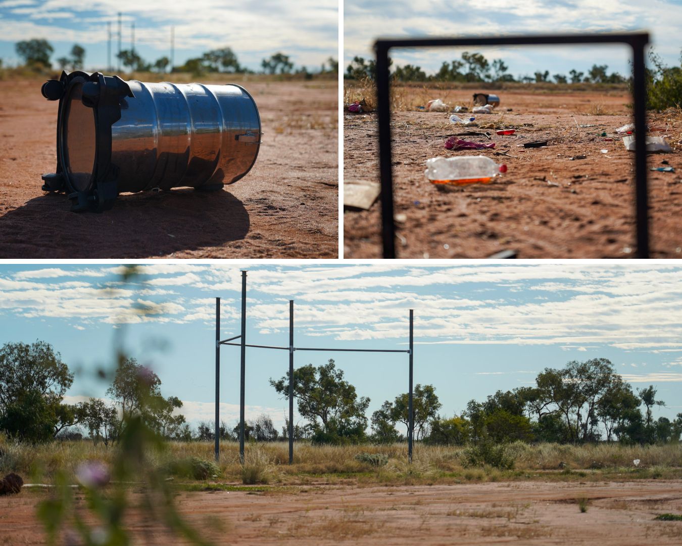 Collage of red dirt oval, beer can