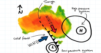 map of Australia with high over Tasman Sea and front coming from the west