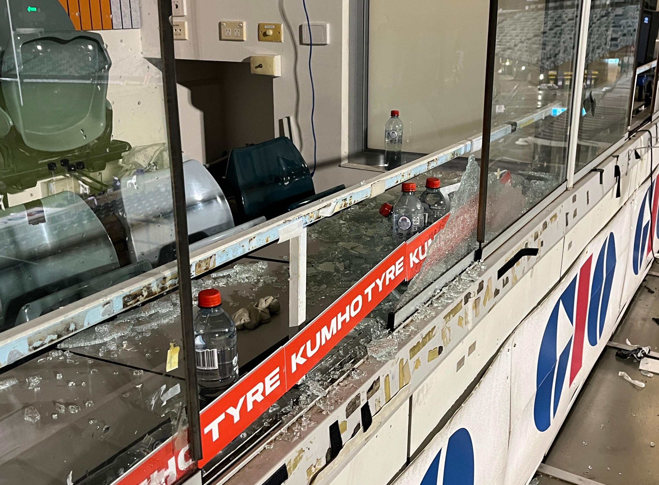 Shattered glass at Canberra Stadium