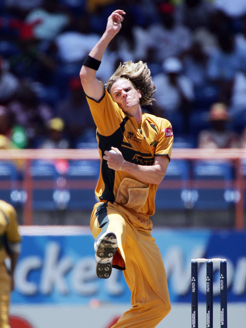 Australian bowler Nathan Bracken in action during the ICC Cricket World Cup Super 8 match at the Grenada National Stadium.