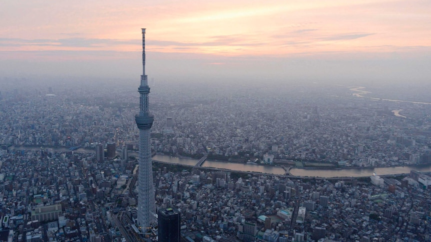 A tall broadcast tower above Tokyo.