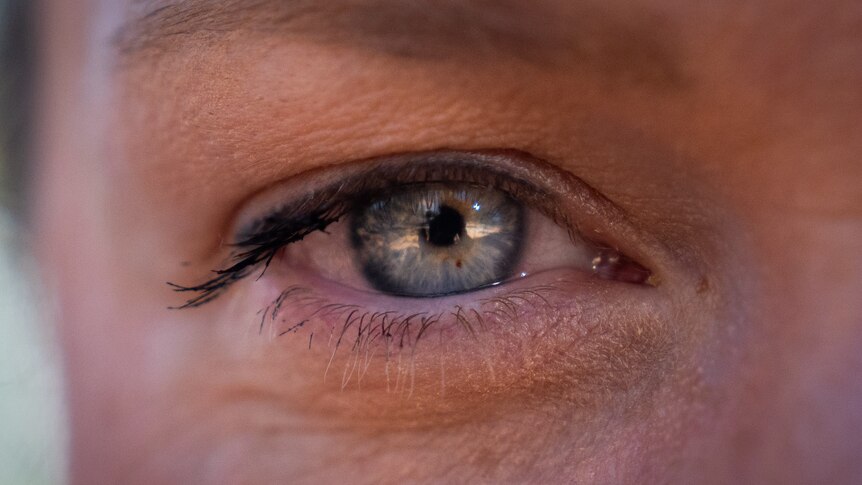 A very closeup photo of a woman's bright blue eye looking straight at the camera.