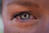 A very closeup photo of a woman's bright blue eye looking straight at the camera.