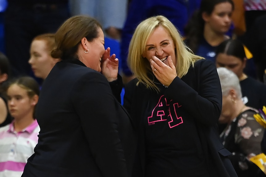 Tania Obst and Tracey Neville share a laugh after a Thunderbirds game