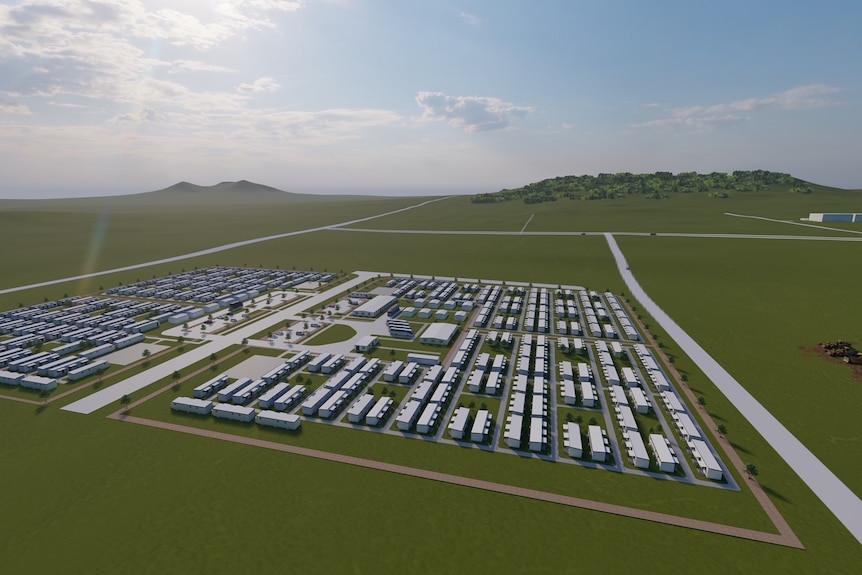 Artists impression of the Wellcamp quarantine facility, showing rows of cabins.