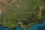 A map of the state of Victoria with a yellow dot marking where an earthquake was recorded.