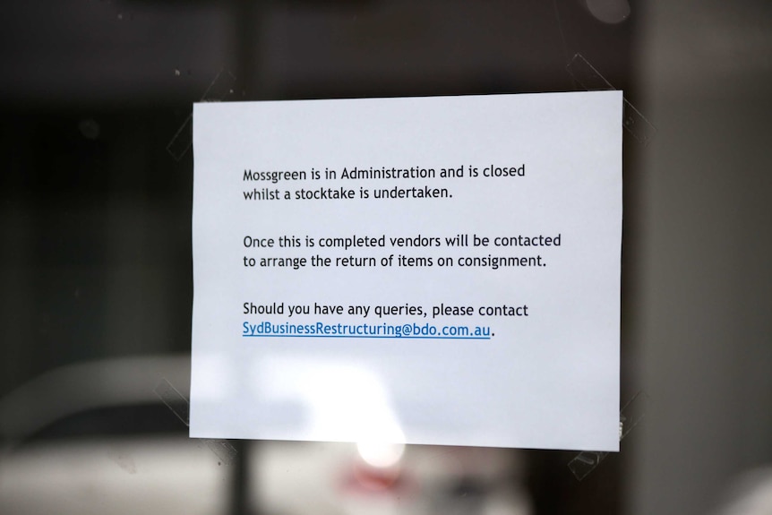 A sign on the door of Mossgreen auction house in Melbourne, saying that the office is closed during a stocktake.