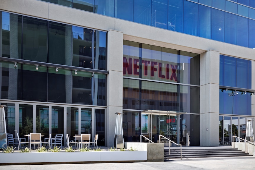 The headquarters of Netflix in Los Angeles, a big office building with the company name